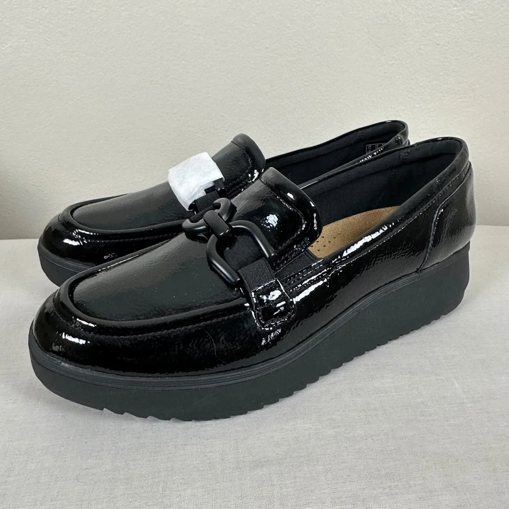 Clarks Women's 10 Zylah Top Loafer Black Crinkle Patent Platform Chain Wedge NEW